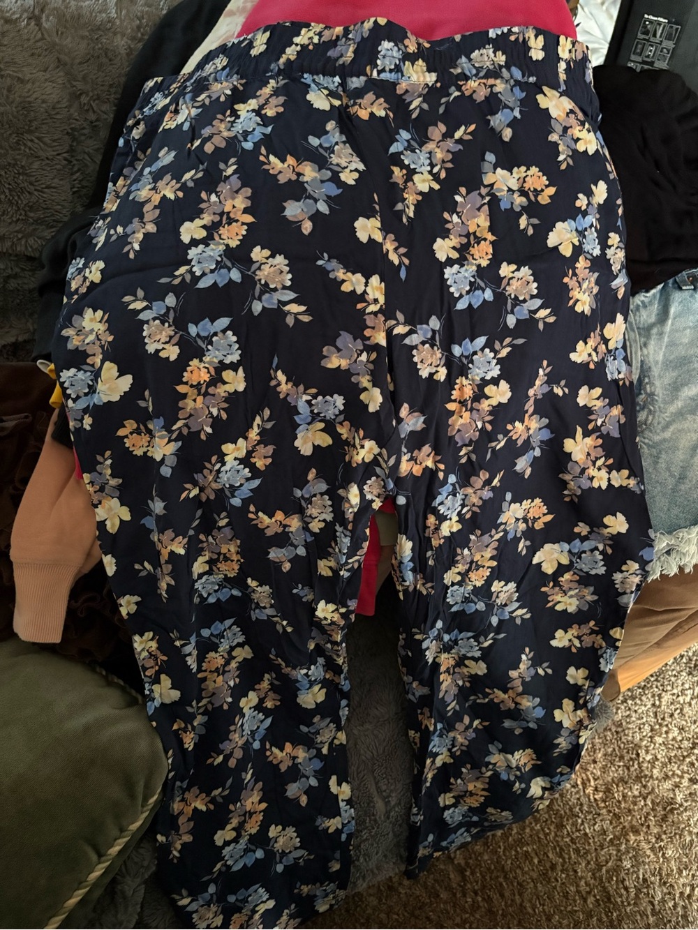 Jessica Simpson Navy Floral Straight Leg Pants with Yellow & Light Blue Flowers